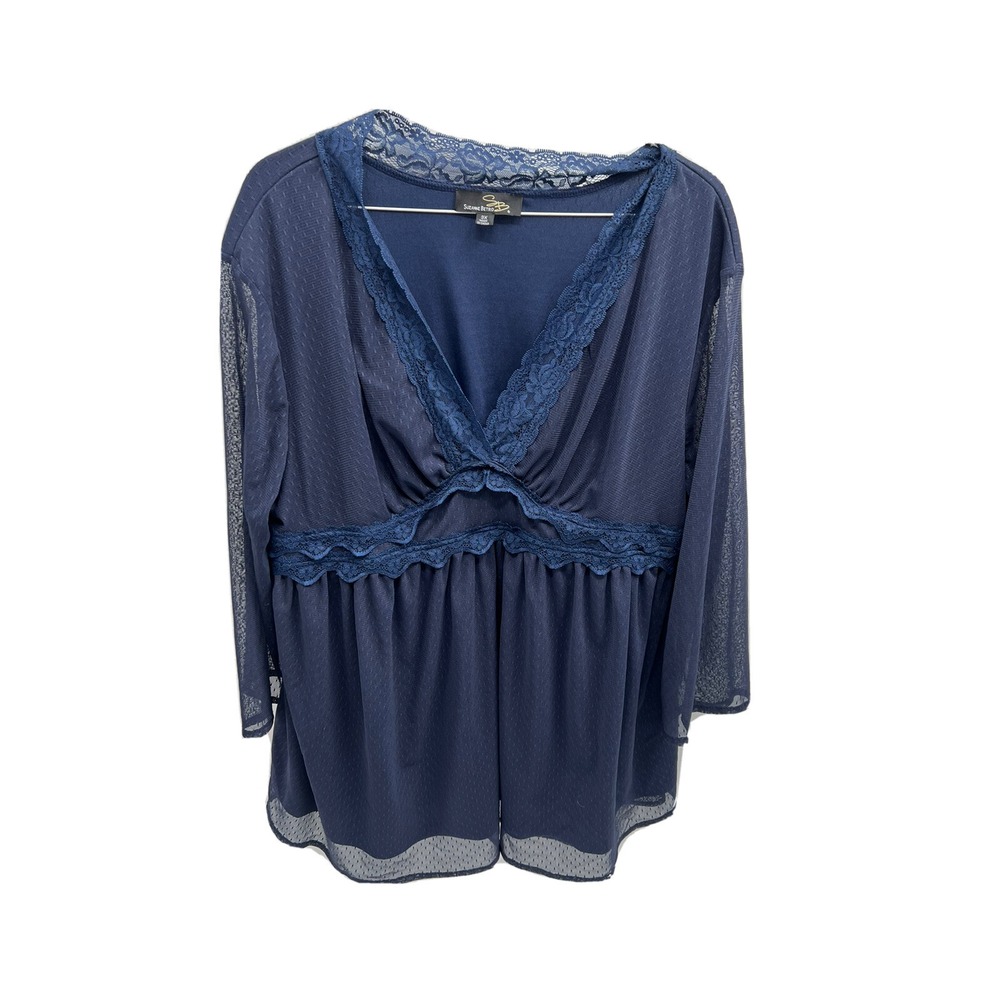 Blouse Weekend Suzanne Betro Womens Top Tunic 3X Blue V Neck Lace - Picture 4 of 6